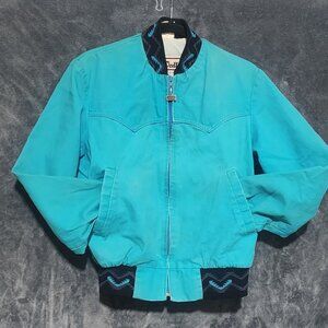 Retro Walls Canvas Full Zip Bomber Jacket Teal Blue Western Style Made in USA